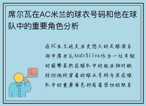 席尔瓦在AC米兰的球衣号码和他在球队中的重要角色分析