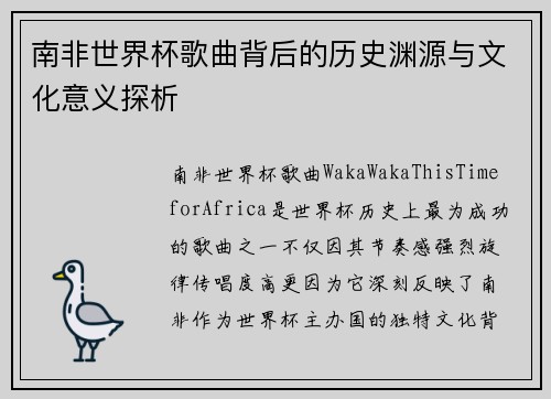 南非世界杯歌曲背后的历史渊源与文化意义探析