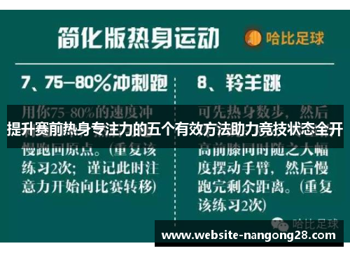 提升赛前热身专注力的五个有效方法助力竞技状态全开 提升赛前热身专注力的五个有效方法助力竞技状态全开