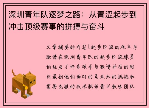 深圳青年队逐梦之路:从青涩起步到冲击顶级赛事的拼搏与奋斗 深圳青年队逐梦之路:从青涩起步到冲击顶级赛事的拼搏与奋斗