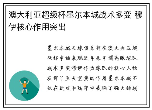 澳大利亚超级杯墨尔本城战术多变 穆伊核心作用突出 澳大利亚超级杯墨尔本城战术多变 穆伊核心作用突出